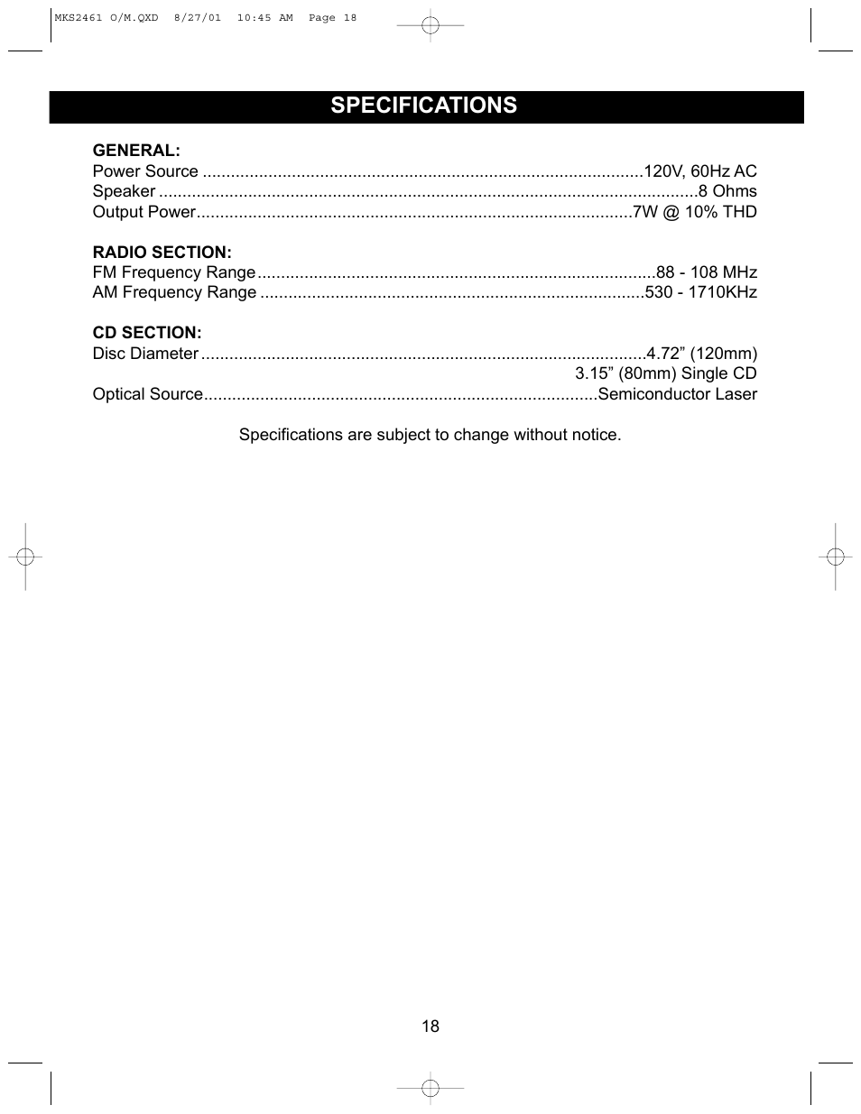 Specifications | Memorex MKS2461 User Manual | Page 19 / 20