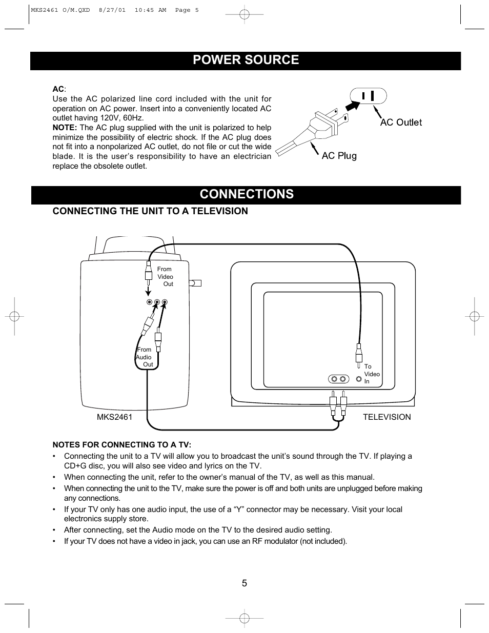 Power source connections | Memorex MKS2461 User Manual | Page 6 / 20