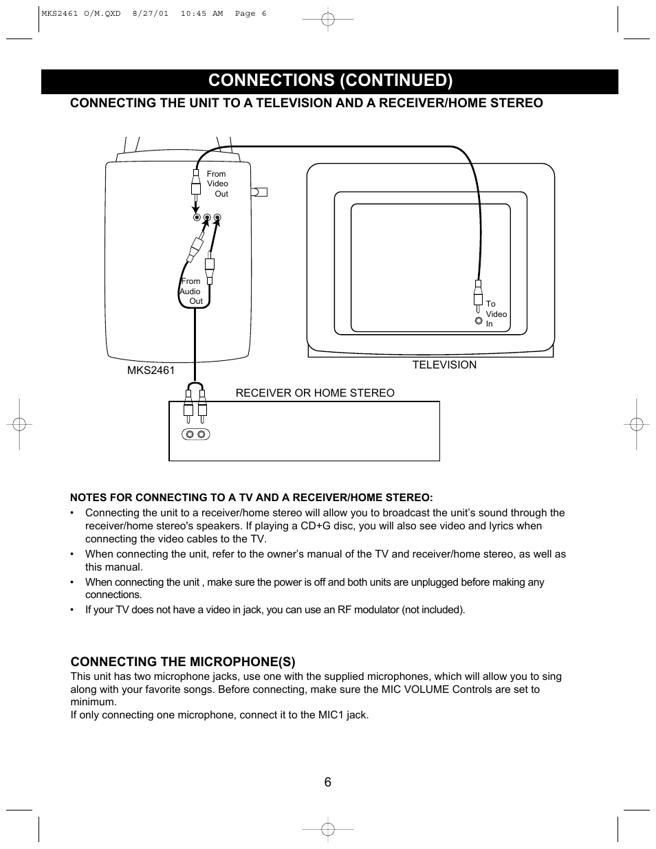 Connections (continued), Connecting the microphone(s) | Memorex MKS2461 User Manual | Page 7 / 20