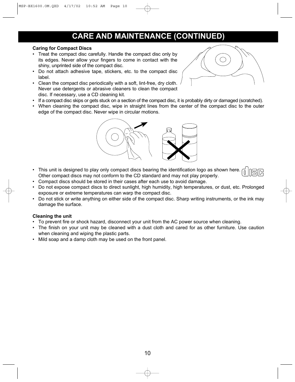 Care and maintenance (continued) | Memorex MSP-BX1600 User Manual | Page 11 / 14