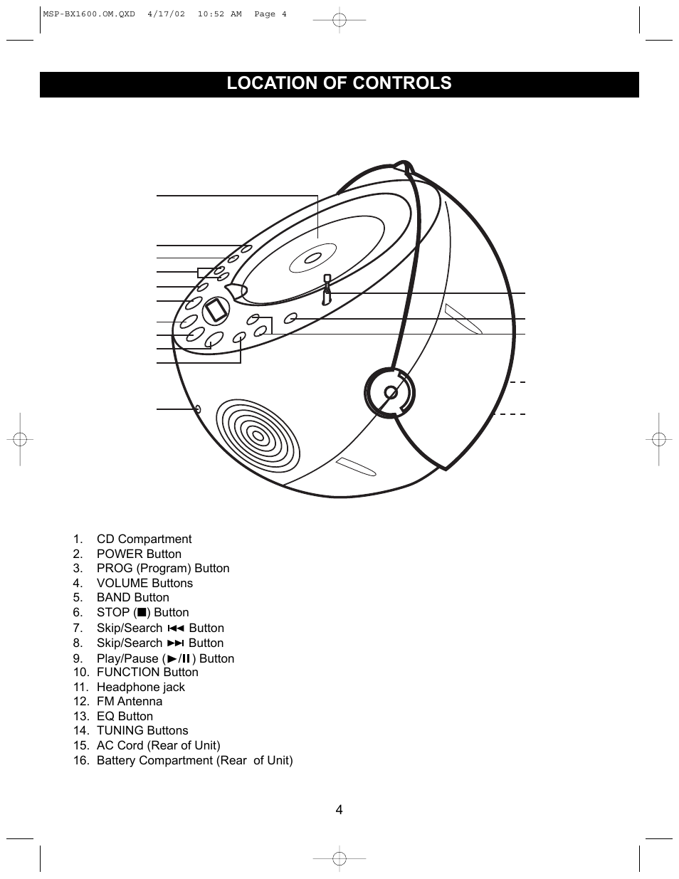 Location of controls | Memorex MSP-BX1600 User Manual | Page 5 / 14