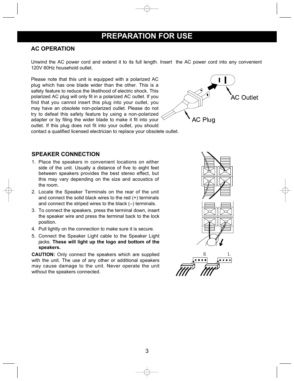 Preparation for use, Ac plug ac outlet | Memorex MX3905 User Manual | Page 4 / 21