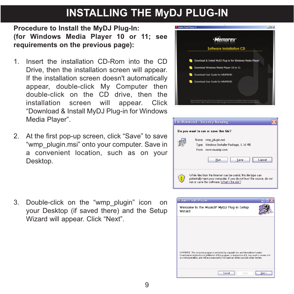 Installing the mydj plug-in | Memorex MMP8590-WHT User Manual | Page 10 / 124