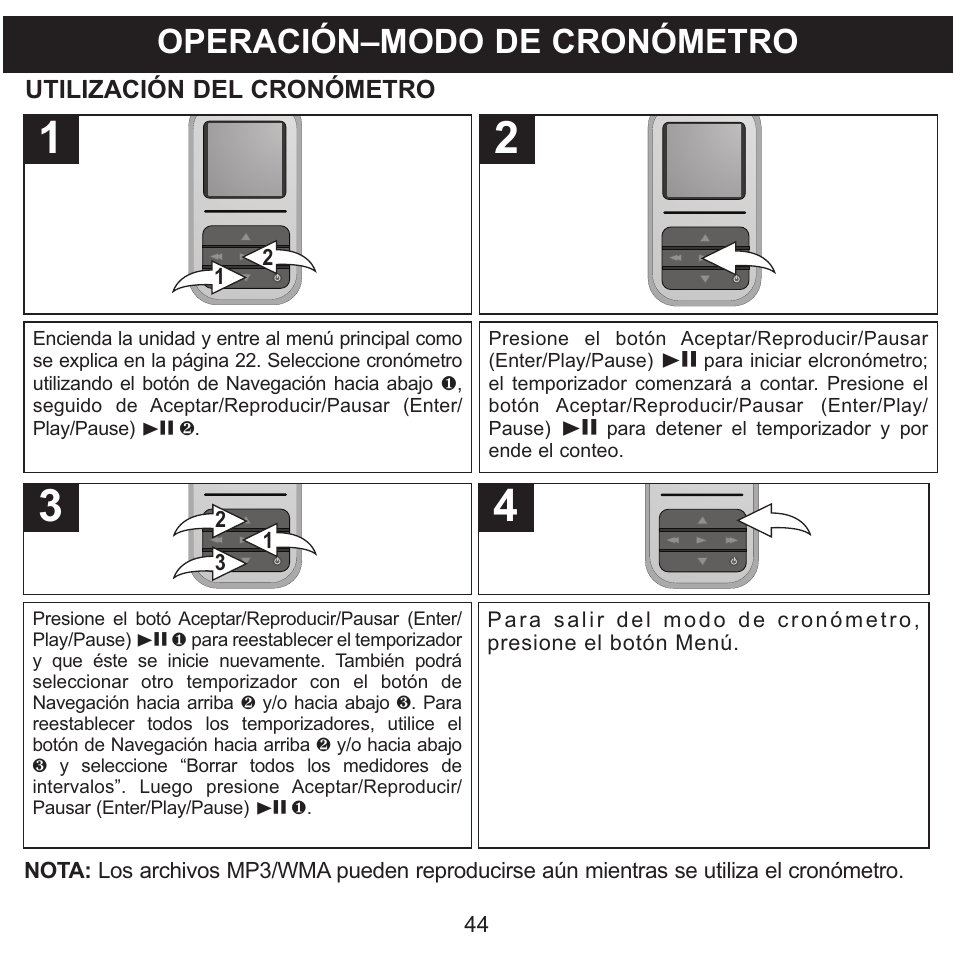 Operación–modo de cronómetro | Memorex MMP8590-WHT User Manual | Page 106 / 124