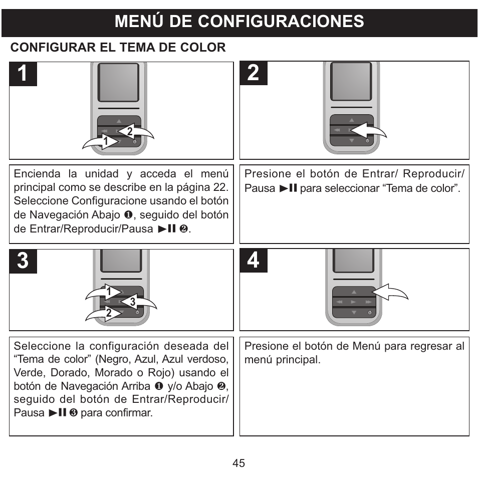 Menú de configuraciones | Memorex MMP8590-WHT User Manual | Page 107 / 124