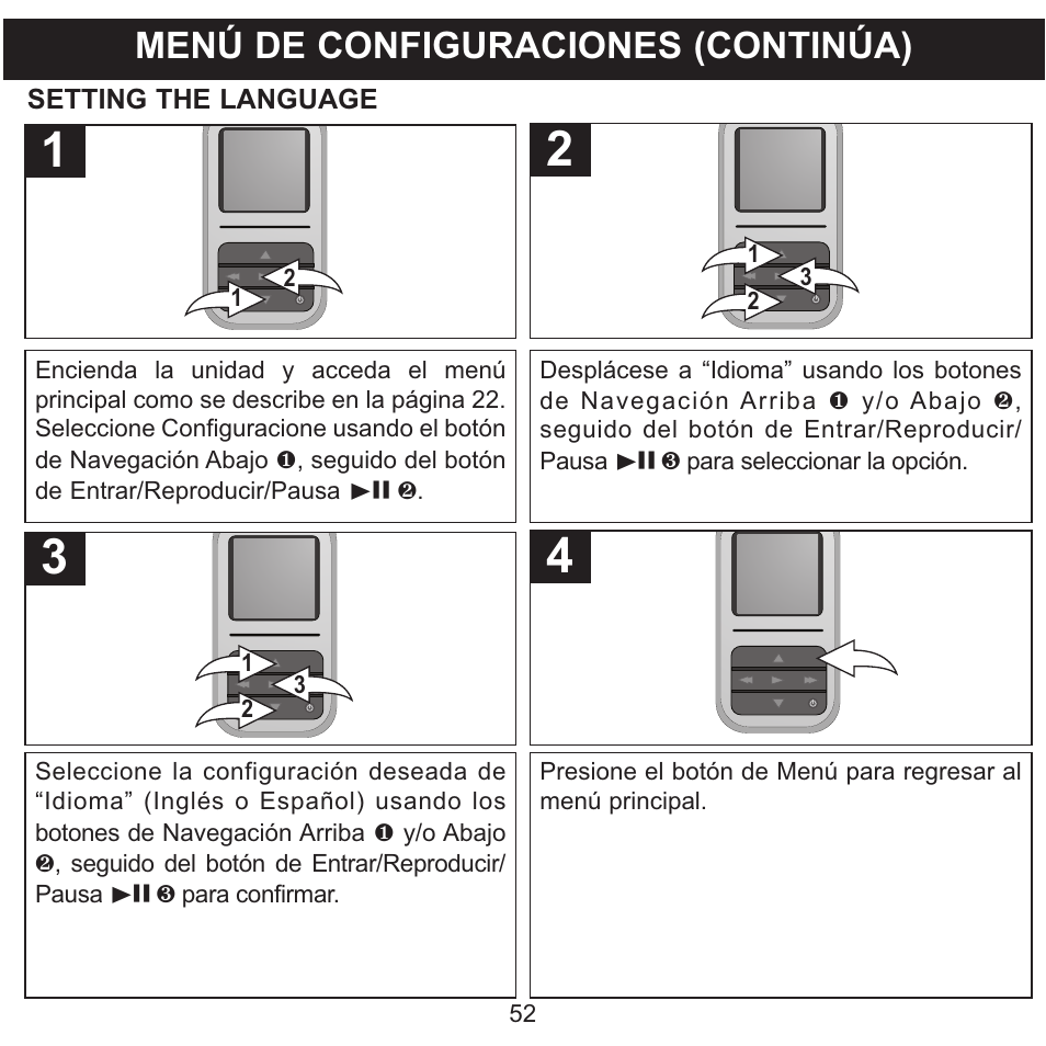 Menú de configuraciones (continúa) | Memorex MMP8590-WHT User Manual | Page 114 / 124