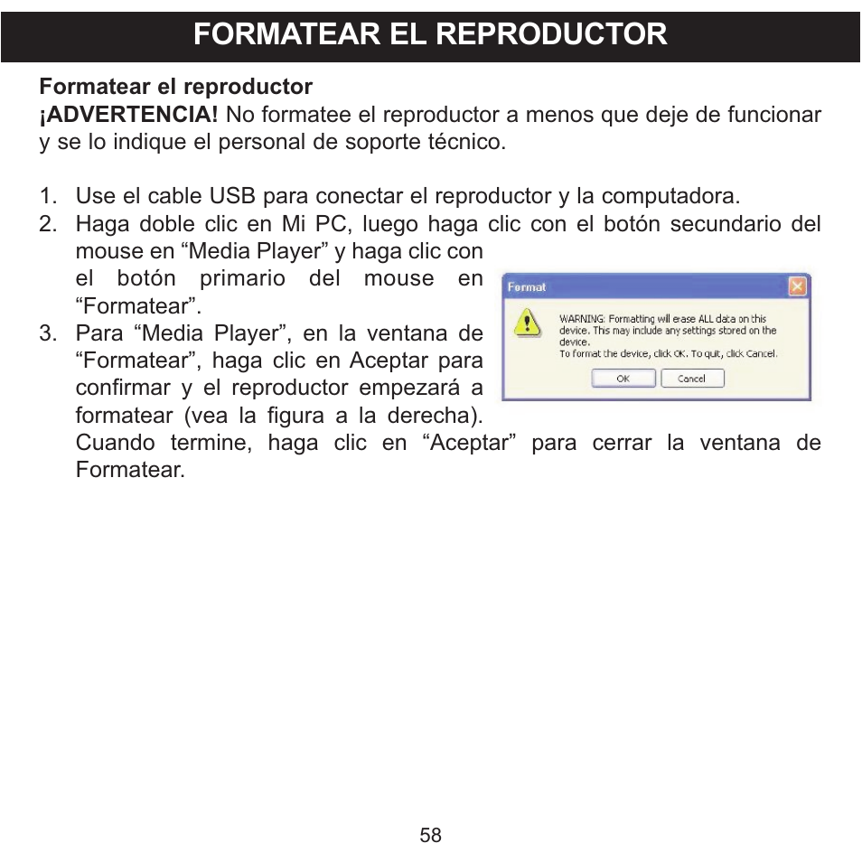 Formatear el reproductor | Memorex MMP8590-WHT User Manual | Page 120 / 124