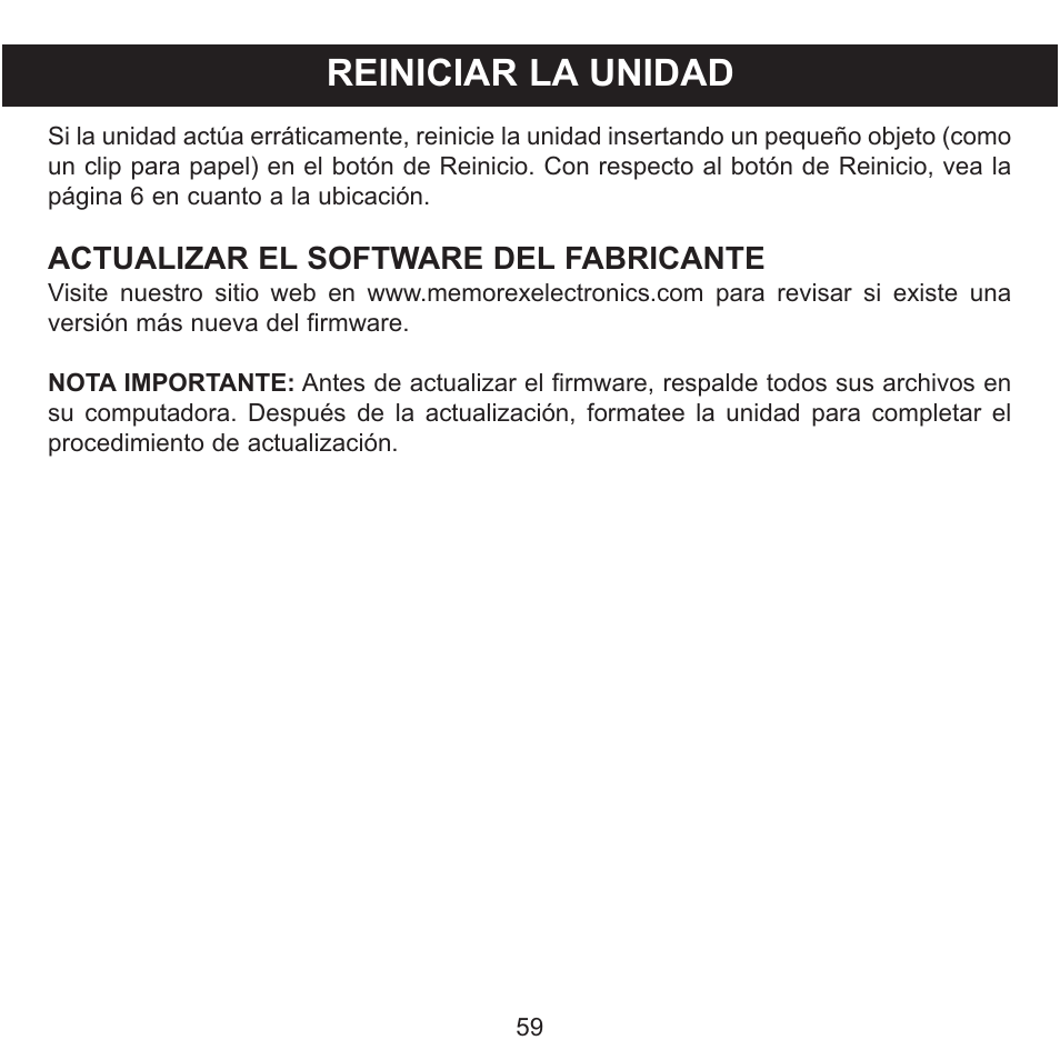 Reiniciar la unidad, Actualizar el software del fabricante | Memorex MMP8590-WHT User Manual | Page 121 / 124