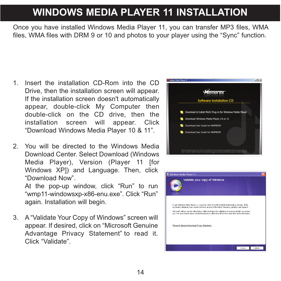 Windows media player 11 installation | Memorex MMP8590-WHT User Manual | Page 15 / 124