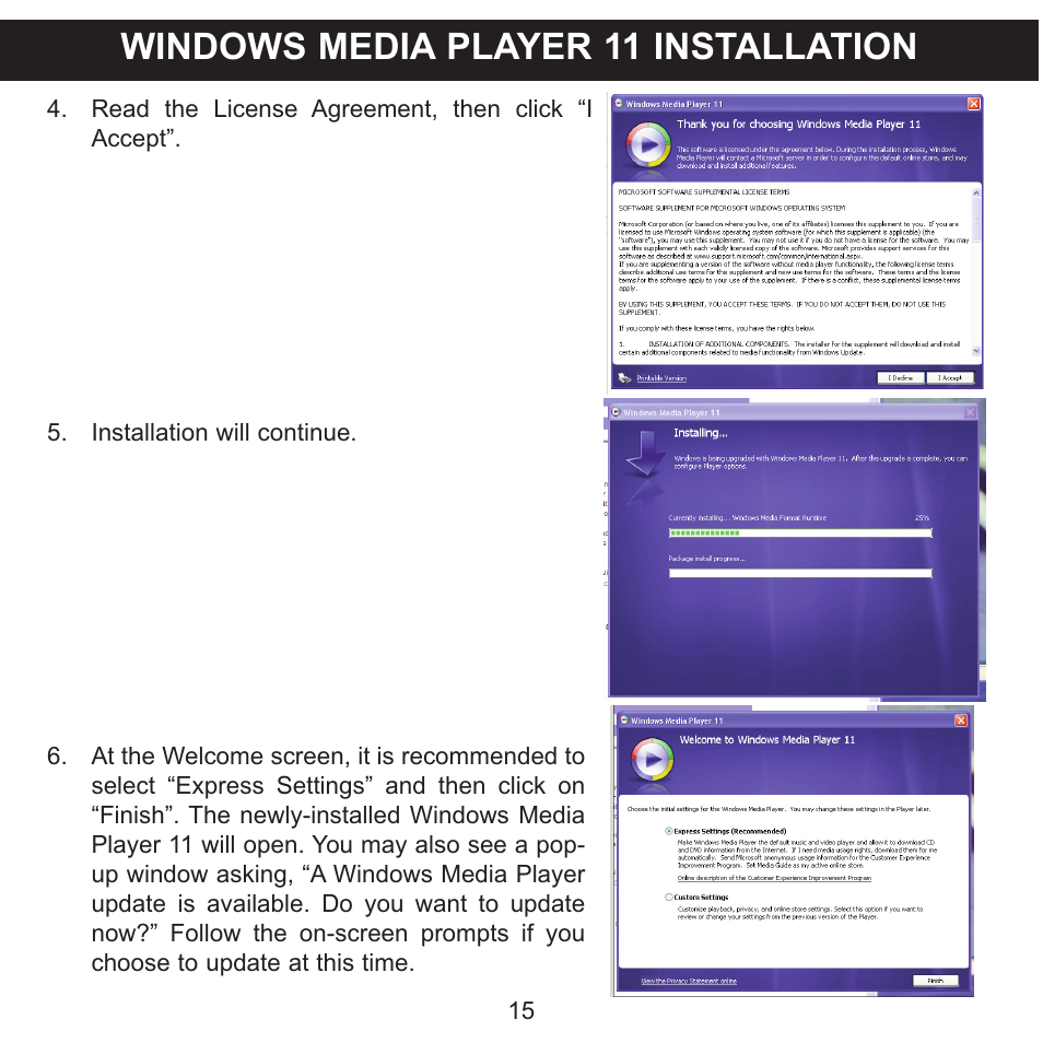 Windows media player 11 installation | Memorex MMP8590-WHT User Manual | Page 16 / 124
