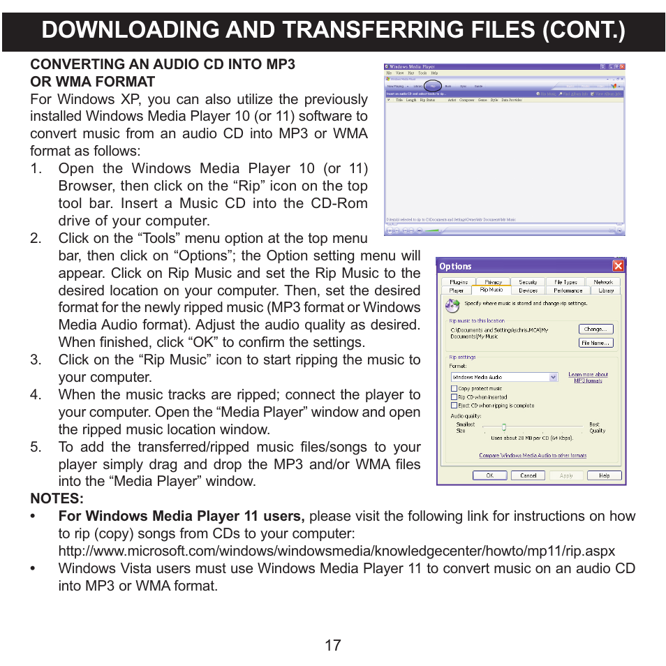 Downloading and transferring files (cont.) | Memorex MMP8590-WHT User Manual | Page 18 / 124