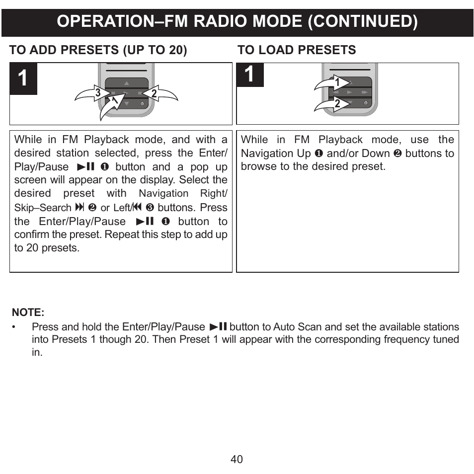 Operation–fm radio mode (continued) | Memorex MMP8590-WHT User Manual | Page 41 / 124