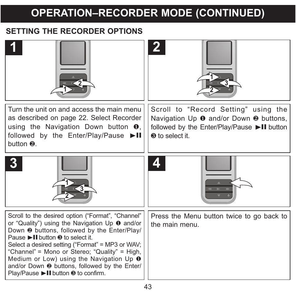 Operation–recorder mode (continued) | Memorex MMP8590-WHT User Manual | Page 44 / 124