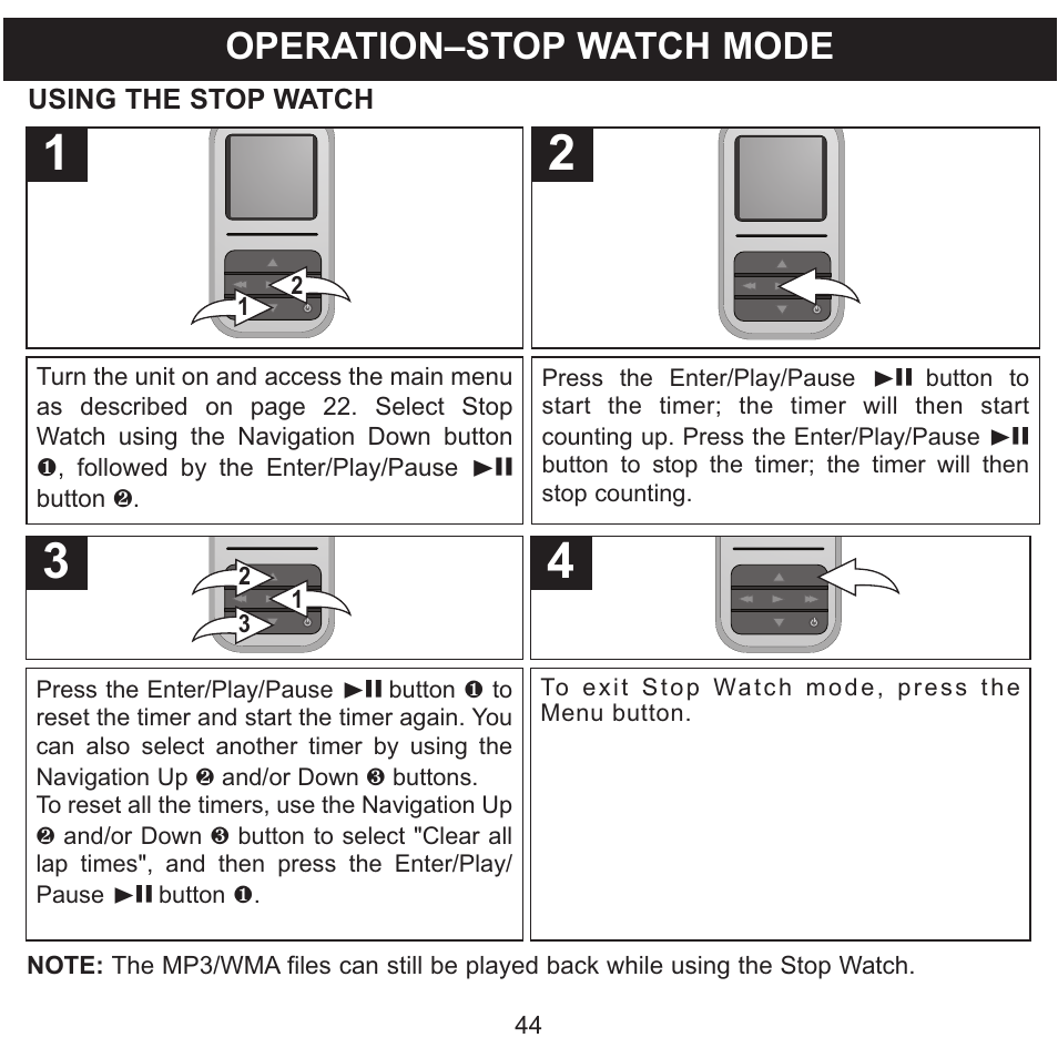 Operation–stop watch mode | Memorex MMP8590-WHT User Manual | Page 45 / 124