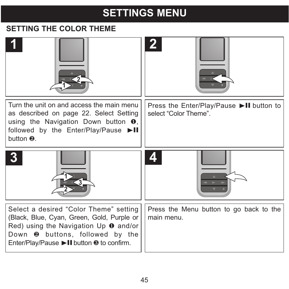 Settings menu | Memorex MMP8590-WHT User Manual | Page 46 / 124