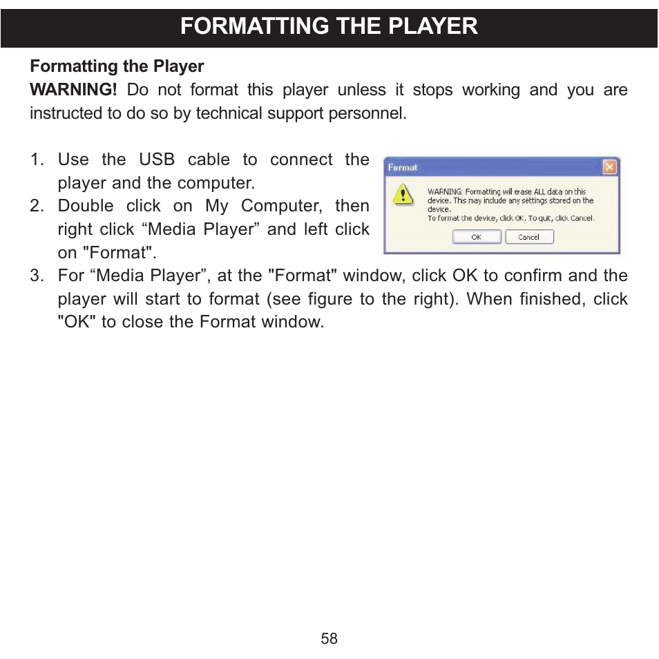 Formatting the player | Memorex MMP8590-WHT User Manual | Page 59 / 124