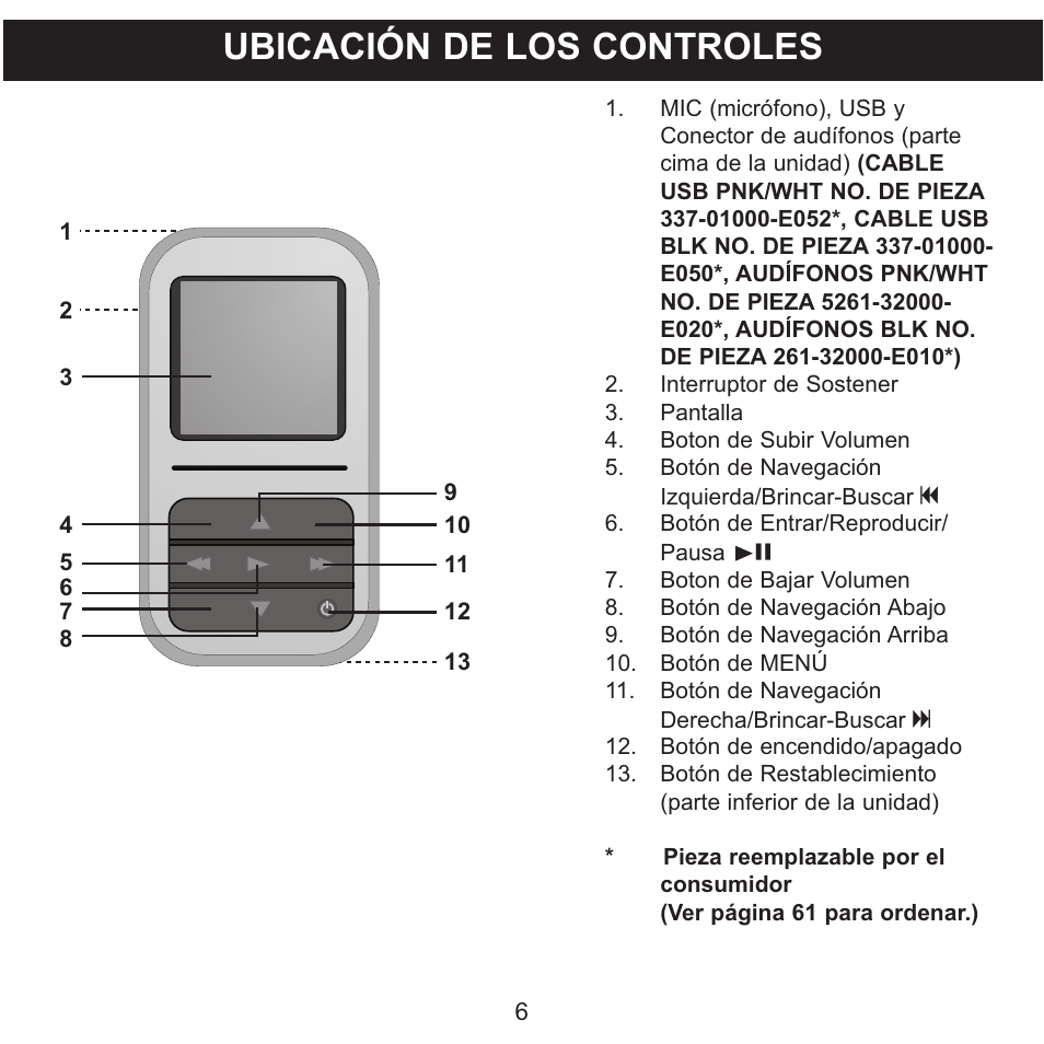 Ubicación de los controles | Memorex MMP8590-WHT User Manual | Page 68 / 124
