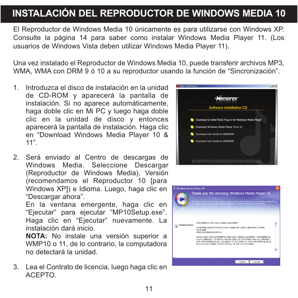 Instalación del reproductor de windows media 10 | Memorex MMP8590-WHT User Manual | Page 73 / 124