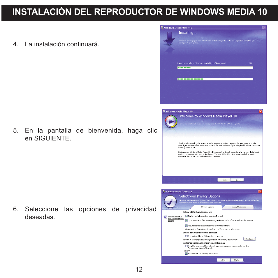 Instalación del reproductor de windows media 10 | Memorex MMP8590-WHT User Manual | Page 74 / 124