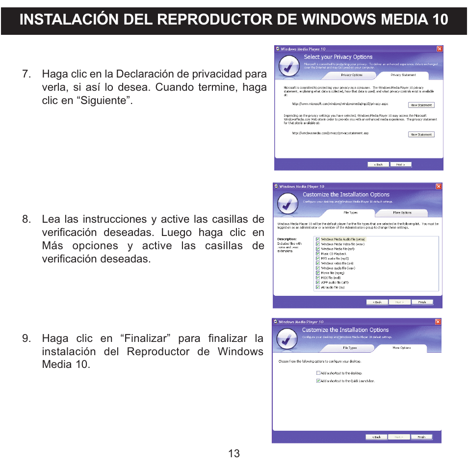 Instalación del reproductor de windows media 10 | Memorex MMP8590-WHT User Manual | Page 75 / 124