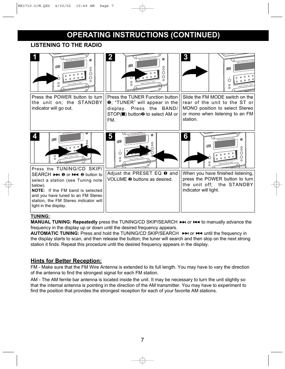 Operating instructions (continued) | Memorex MX3710 User Manual | Page 8 / 21