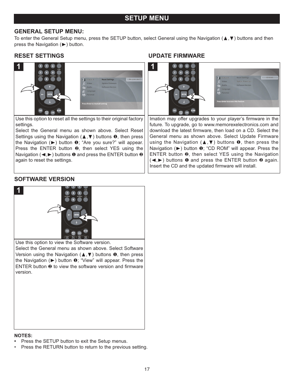 Setup menu | Memorex MVD-2037 O/M.QXD User Manual | Page 17 / 40