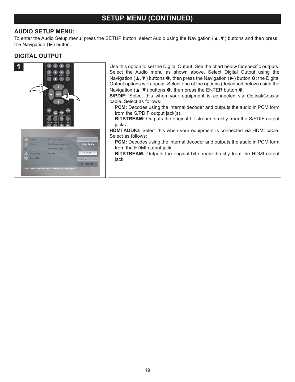 Setup menu (continued), Audio setup menu, Digital output | Memorex MVD-2037 O/M.QXD User Manual | Page 19 / 40