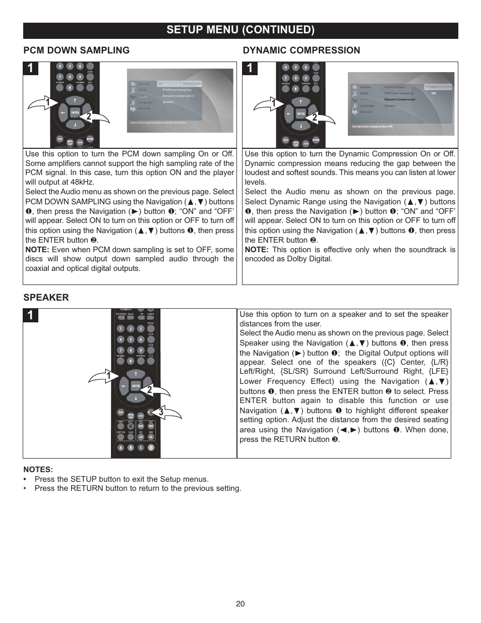 Setup menu (continued), Pcm down sampling, Speaker dynamic compression | Memorex MVD-2037 O/M.QXD User Manual | Page 20 / 40