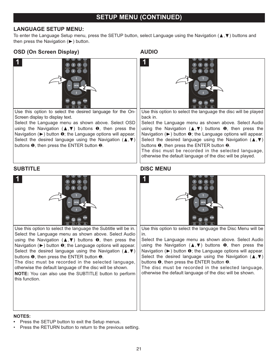 Setup menu (continued) | Memorex MVD-2037 O/M.QXD User Manual | Page 21 / 40
