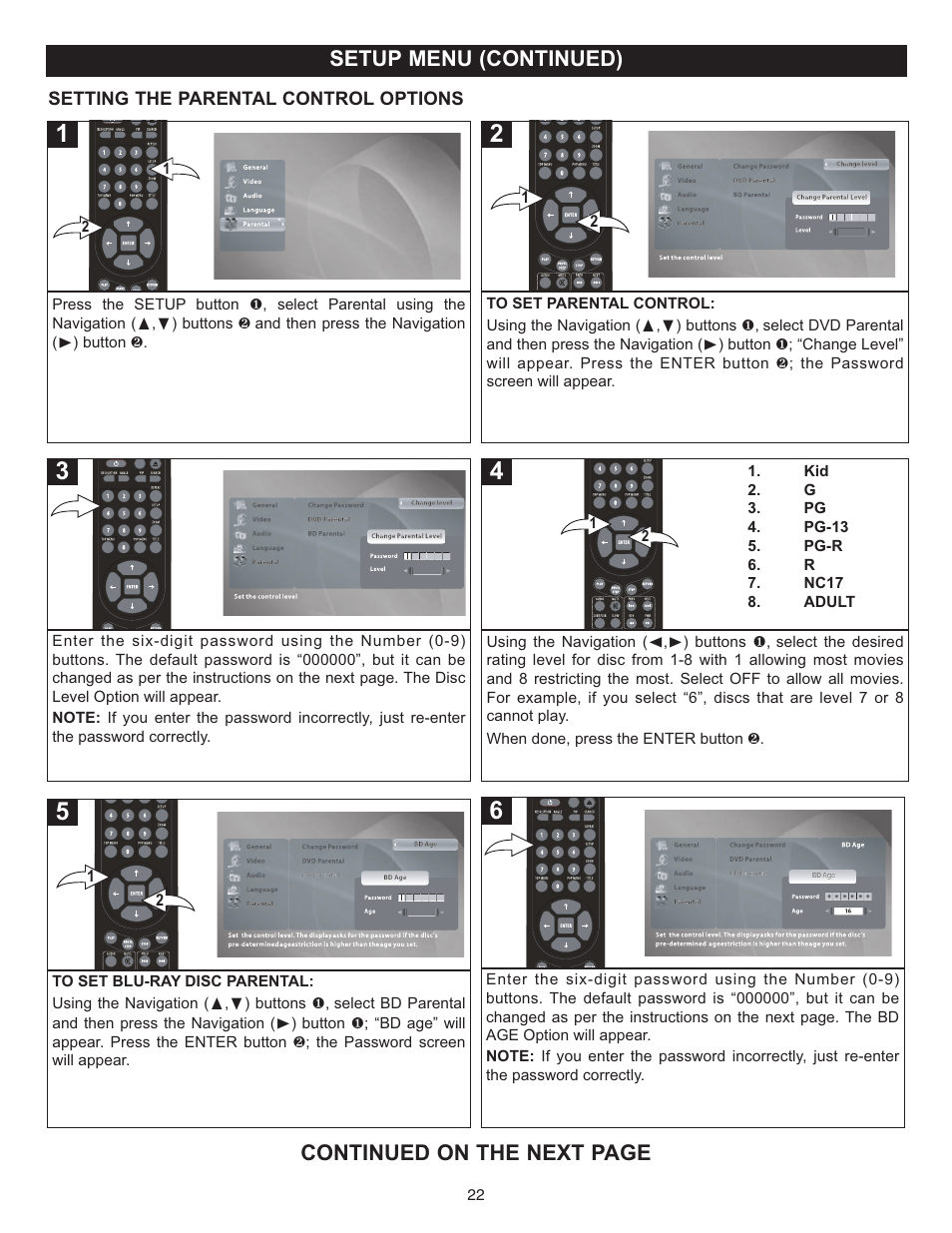 Setup menu (continued), Continued on the next page | Memorex MVD-2037 O/M.QXD User Manual | Page 22 / 40