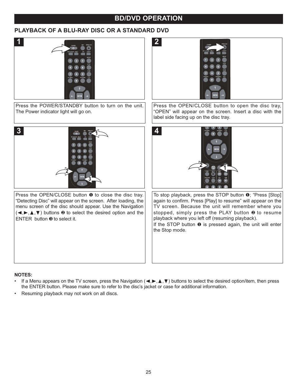 Bd/dvd operation | Memorex MVD-2037 O/M.QXD User Manual | Page 25 / 40