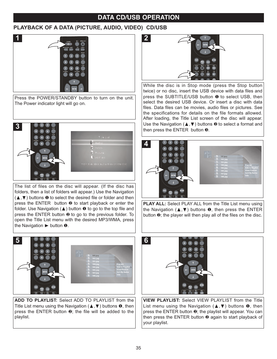 Data cd/usb operation | Memorex MVD-2037 O/M.QXD User Manual | Page 35 / 40