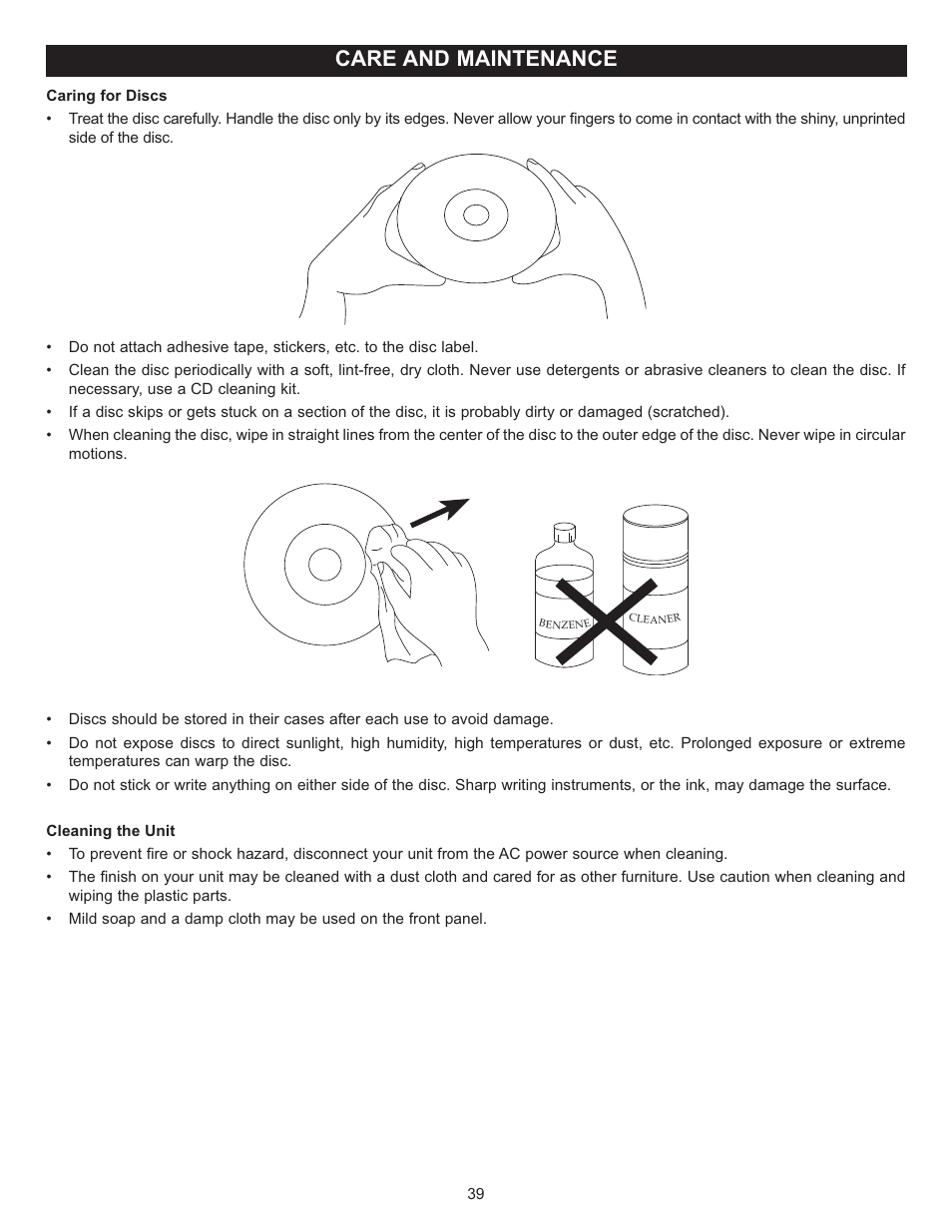 Care and maintenance | Memorex MVD-2037 O/M.QXD User Manual | Page 39 / 40