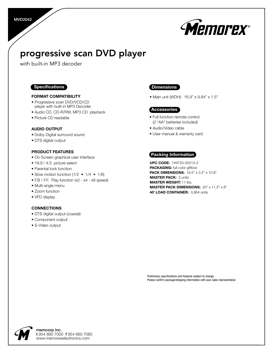 Progressive scan dvd player, With built-in mp3 decoder | Memorex MVD2042 User Manual | Page 2 / 2