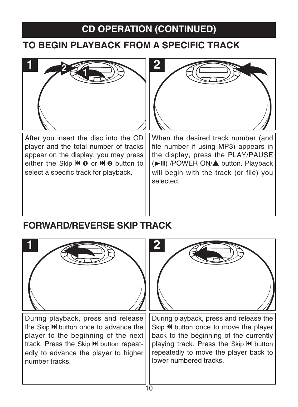 Cd operation (continued), Forward/reverse skip track | Memorex MPD8812 User Manual | Page 11 / 24