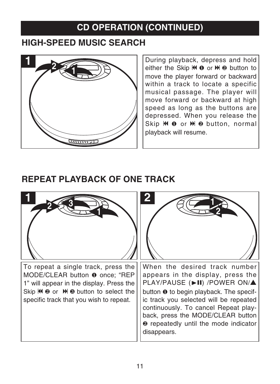 Cd operation (continued), High-speed music search, Repeat playback of one track | Memorex MPD8812 User Manual | Page 12 / 24