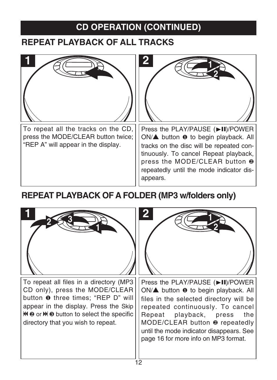 Cd operation (continued), Repeat playback of all tracks, Repeat playback of a folder (mp3 w/folders only) | Memorex MPD8812 User Manual | Page 13 / 24