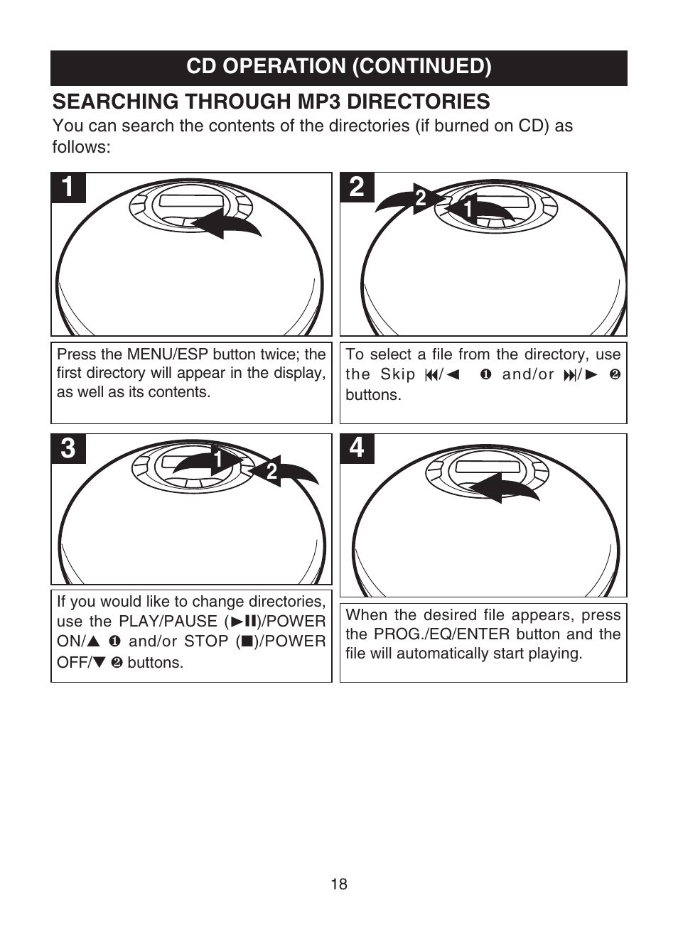 Searching through mp3 directories, Cd operation (continued) | Memorex MPD8812 User Manual | Page 19 / 24