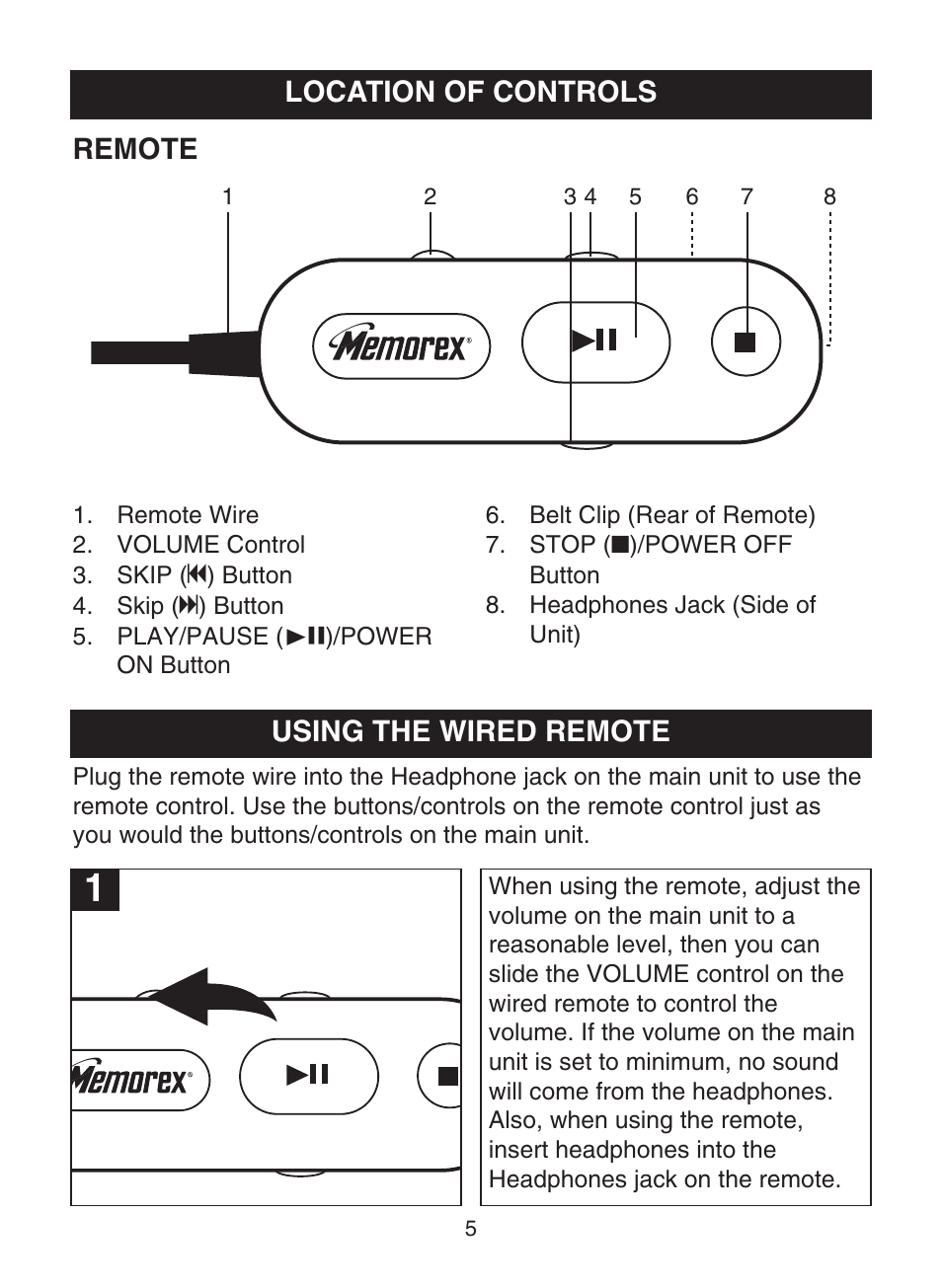 Location of controls using the wired remote, Remote | Memorex MPD8812 User Manual | Page 6 / 24