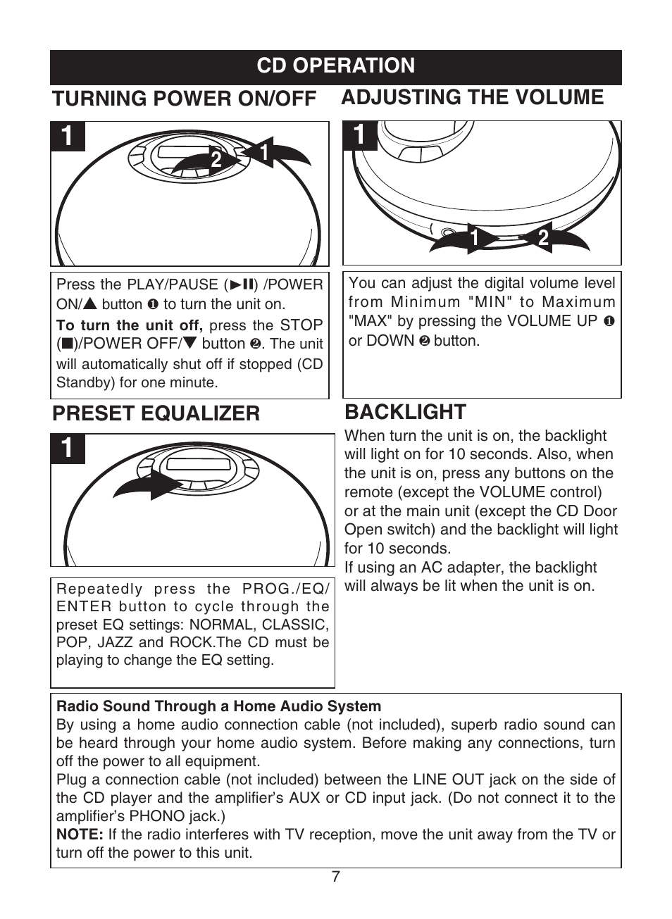 Cd operation, Turning power on/off, Adjusting the volume | Preset equalizer backlight | Memorex MPD8812 User Manual | Page 8 / 24