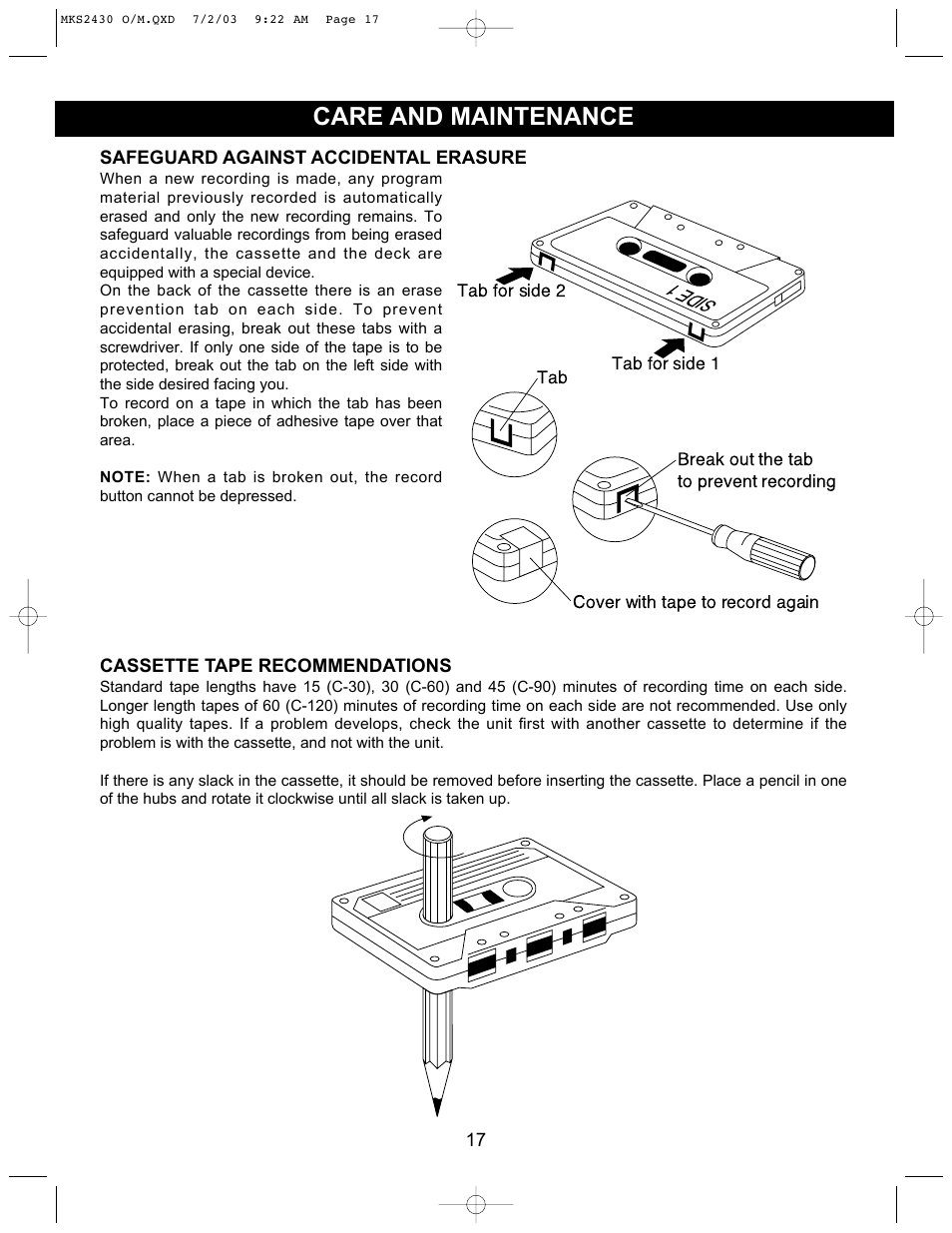 Care and maintenance, Side 1 | Memorex MKS2430 User Manual | Page 18 / 23