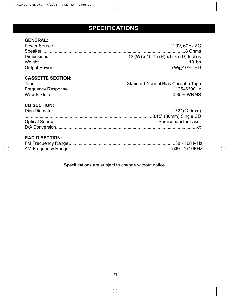 Specifications | Memorex MKS2430 User Manual | Page 22 / 23