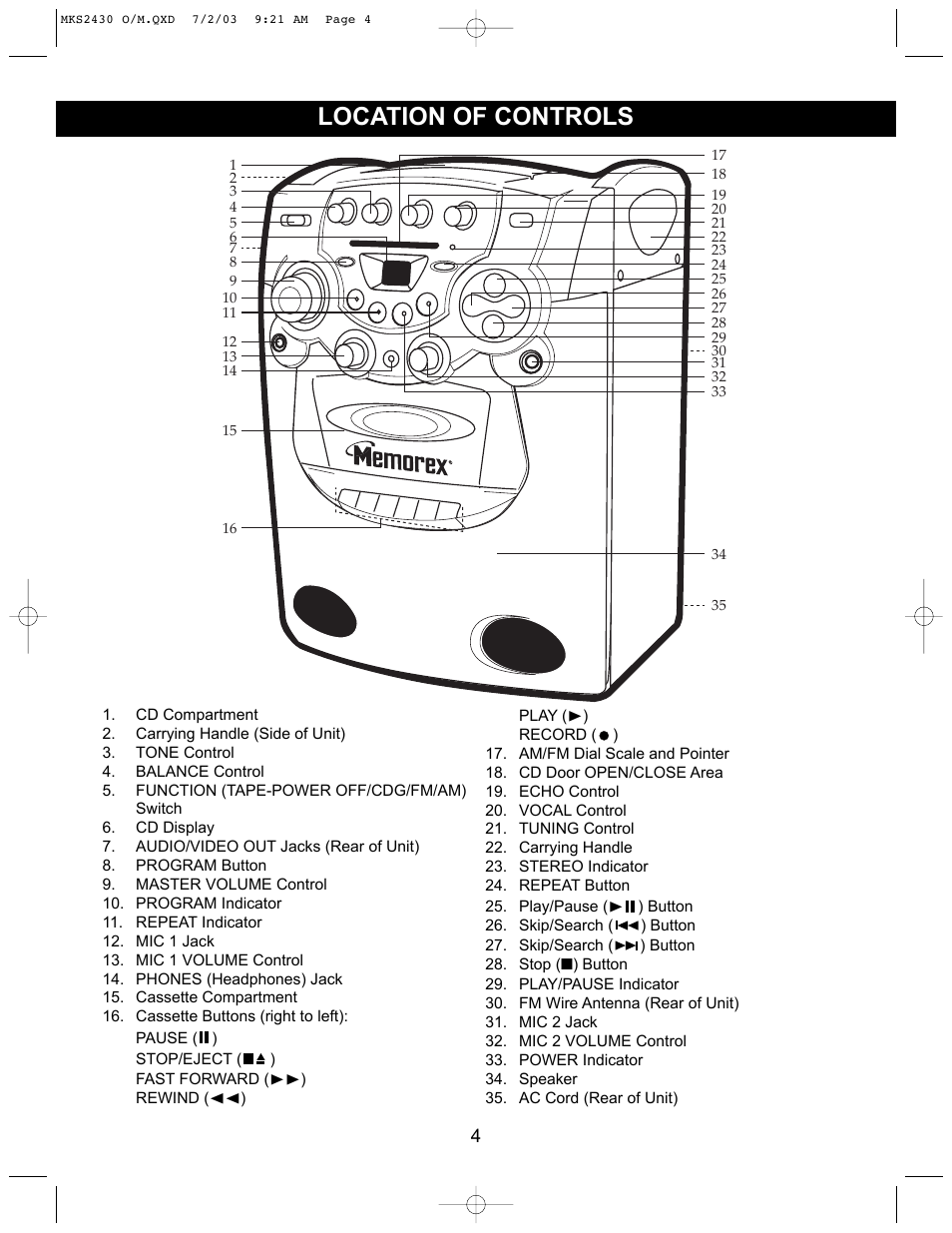 Location of controls | Memorex MKS2430 User Manual | Page 5 / 23
