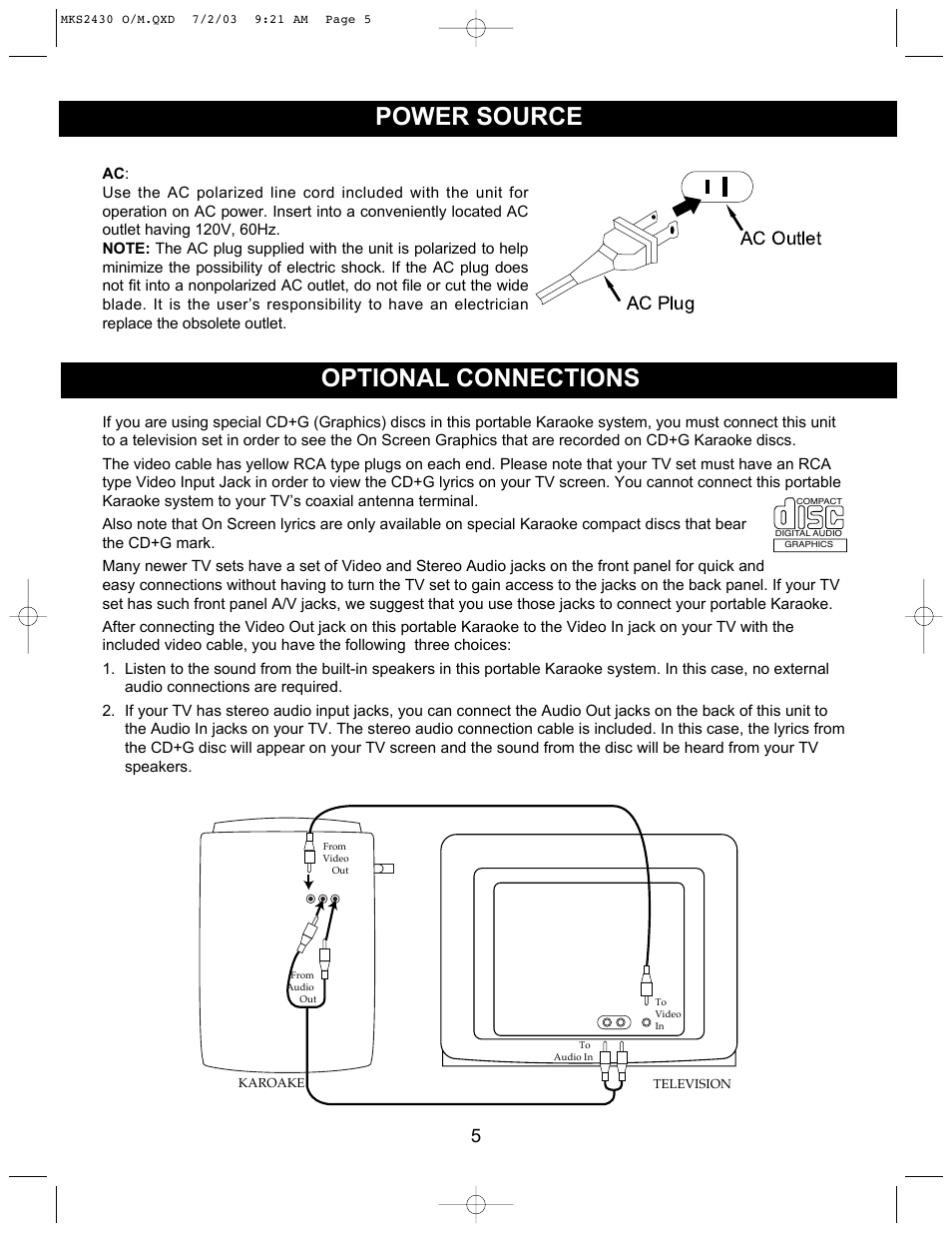 Power source optional connections, Ac plug ac outlet | Memorex MKS2430 User Manual | Page 6 / 23