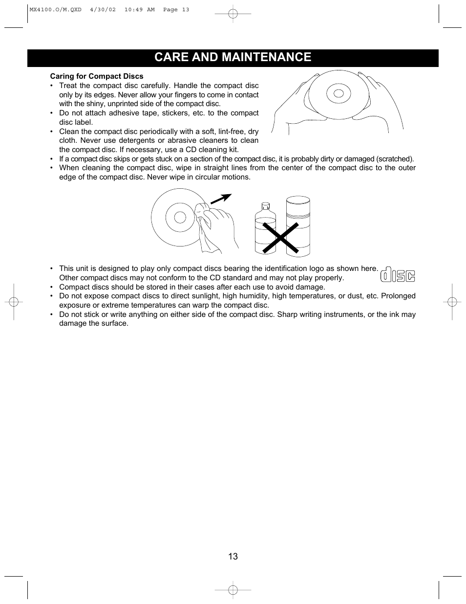 Care and maintenance | Memorex MX4100 User Manual | Page 14 / 17