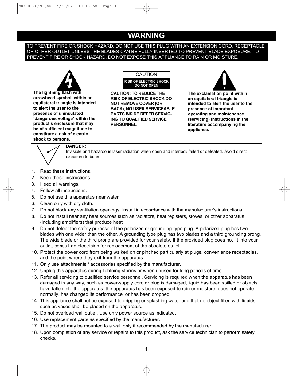 Warning | Memorex MX4100 User Manual | Page 2 / 17