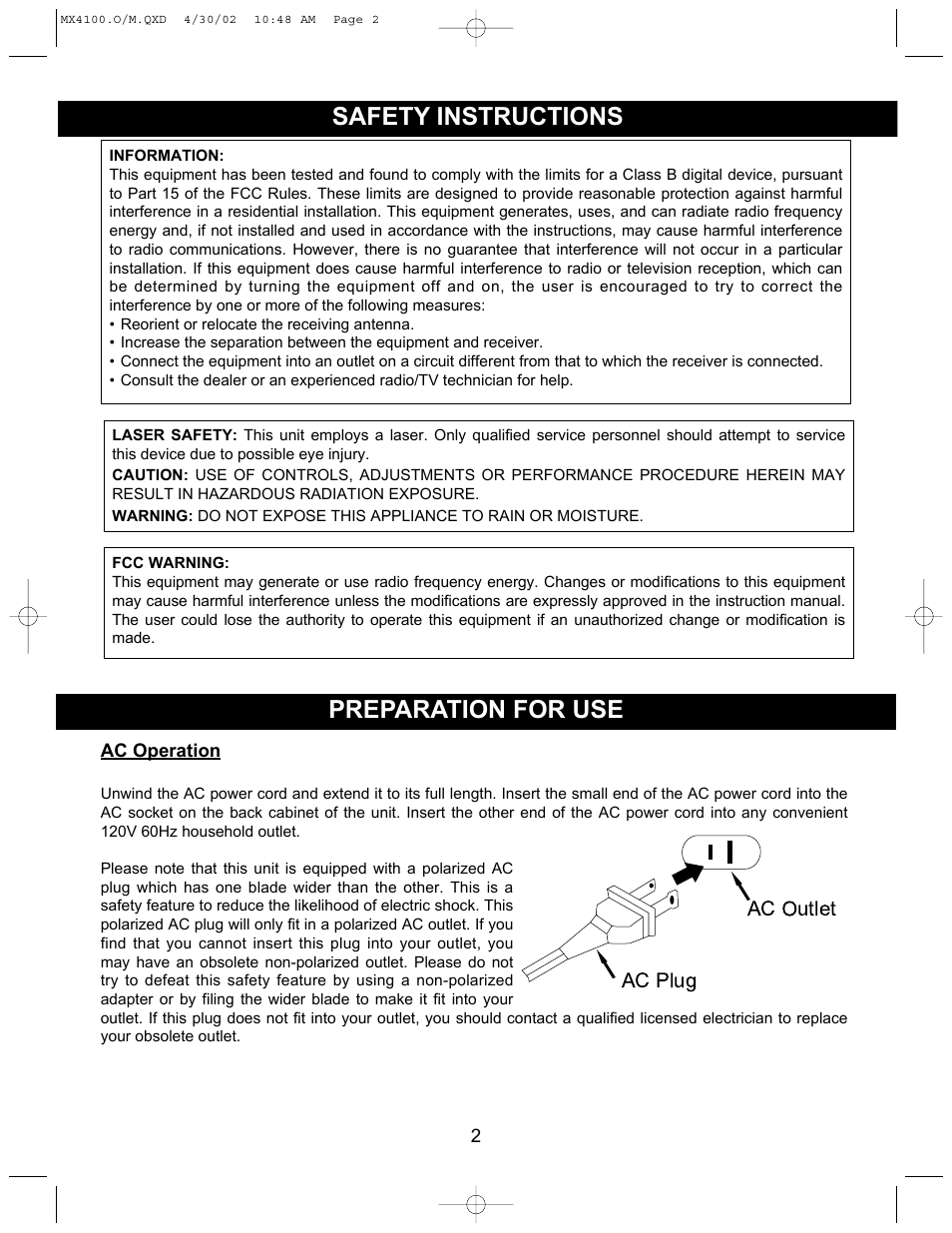 Safety instructions, Preparation for use | Memorex MX4100 User Manual | Page 3 / 17