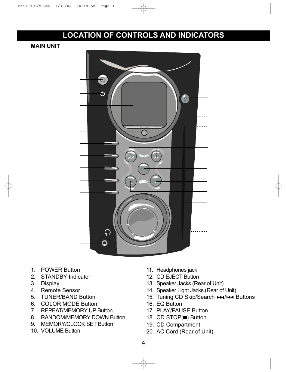 Location of controls and indicators | Memorex MX4100 User Manual | Page 5 / 17