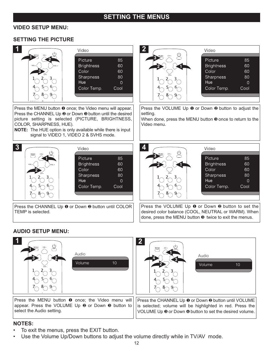 Setting the menus, Audio setup menu, Setting the picture | Memorex MT2024 User Manual | Page 13 / 36