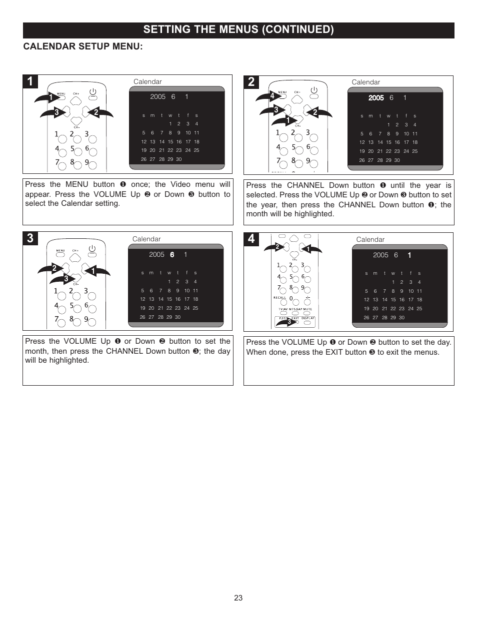 Setting the menus (continued), Calendar setup menu | Memorex MT2024 User Manual | Page 24 / 36